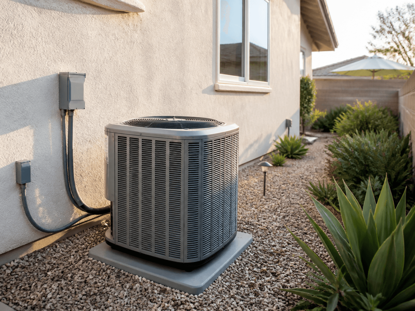 Demonstration image of a modern outdoor air conditioner beside a stucco home
